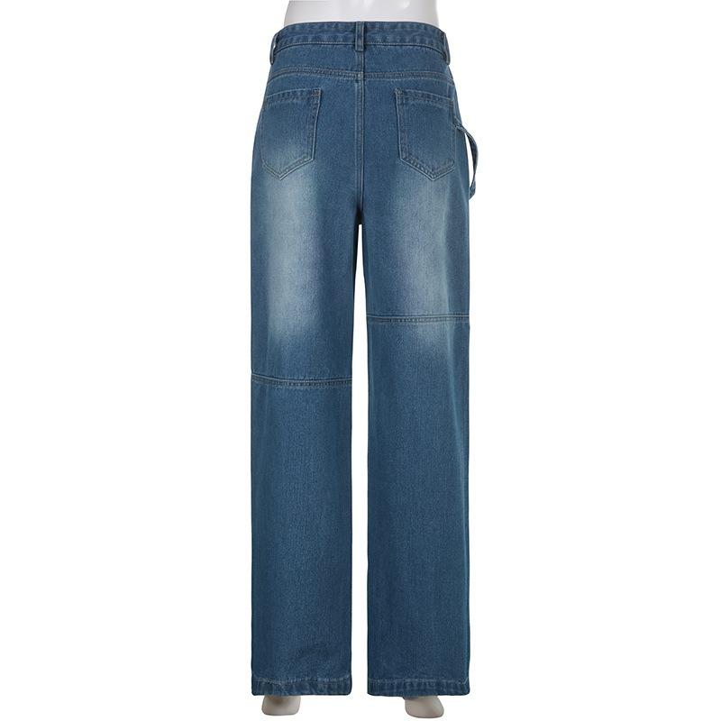 GUJI—221 Women's 2024 New Arrival Ribbon Detail Straight-Leg Wide-Leg Denim Pants