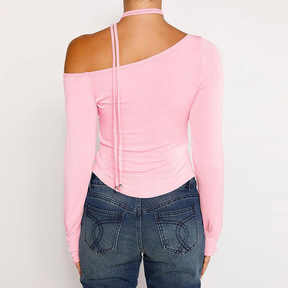 GUJI—193 Women's INS Spring New Arrival Solid Color Off-Shoulder Long Sleeve Slim Fit Fashion Solid Chic