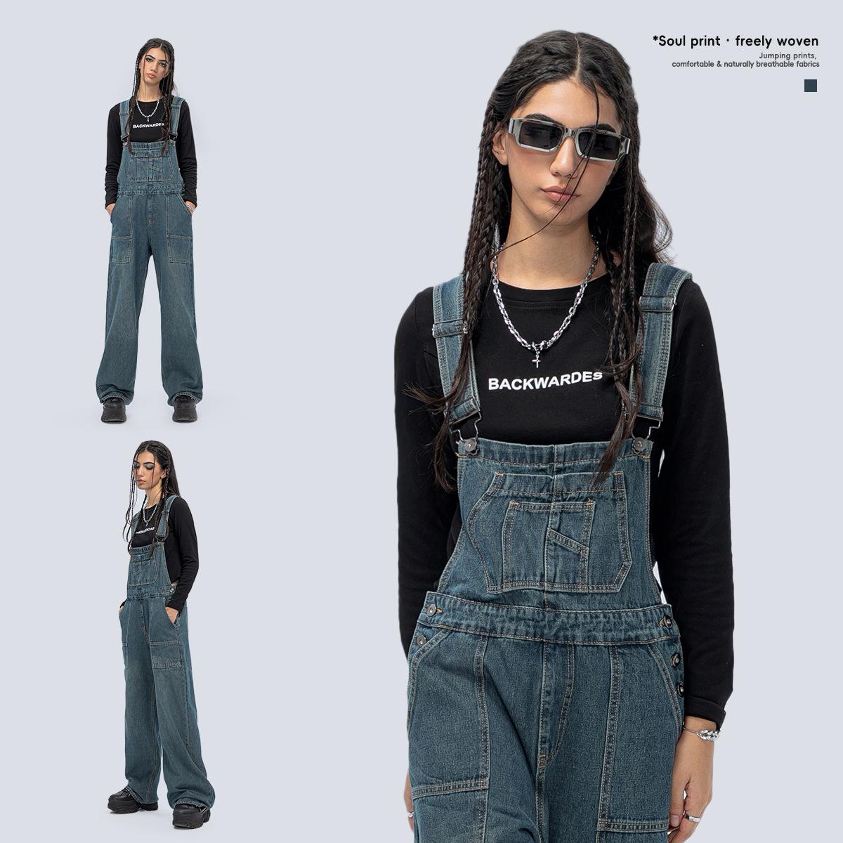 GUJI—179 Women's Loose Fit Denim Overalls With Multiple Pockets, Wide-Leg Autumn Suspender Pants Denim Cargos Fashion