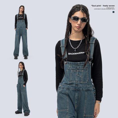 GUJI—179 Women's Loose Fit Denim Overalls With Multiple Pockets, Wide-Leg Autumn Suspender Pants Denim Cargos Fashion