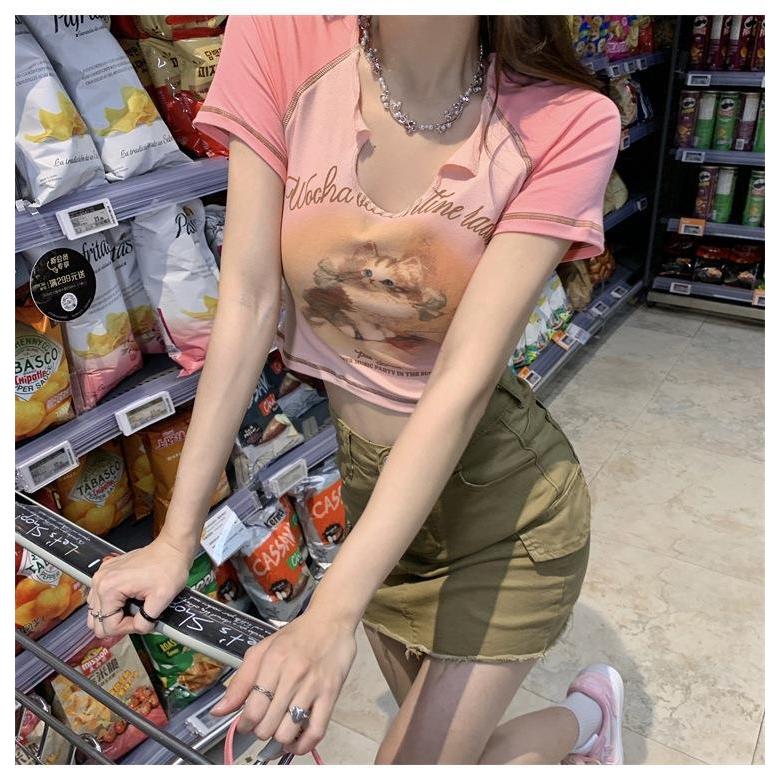 GUJI—10 Vintage Cat Short Sleeve T-Shirt For Women 2024 Summer New Slim Fit Crop Top Sweet And Spicy Blouse Fashion mitsycroptop cheap sweatshirt regular sleeve fashion