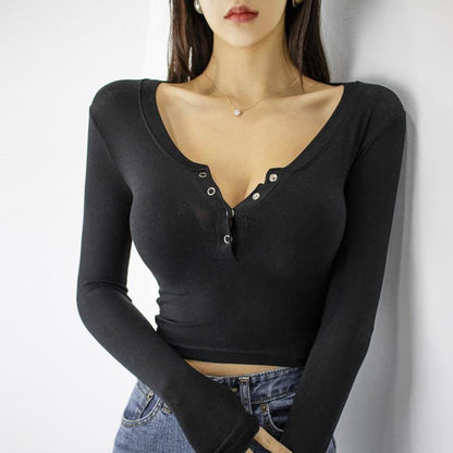 GUJI—16 Slim-Fit Bodycon Half-Open Collar Single-Breasted Long Sleeve Base Shirt, Autumn Sexy Body-Shaping V-Neck Short Top For Women Fashion