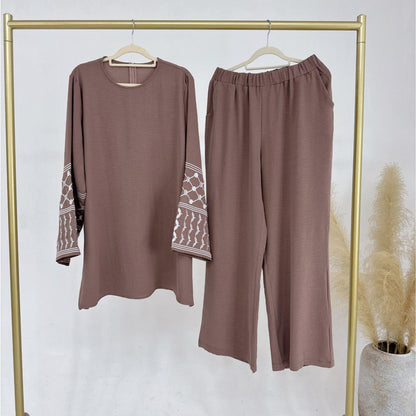 TY-613 Embroidered Top With Wide-Leg Pants Two-Piece Set