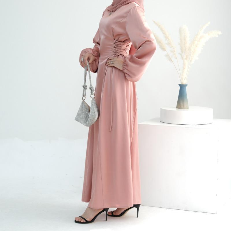 TY-603 Abaya Solid Color High-Neck Slim-Fit Ribbon Dress