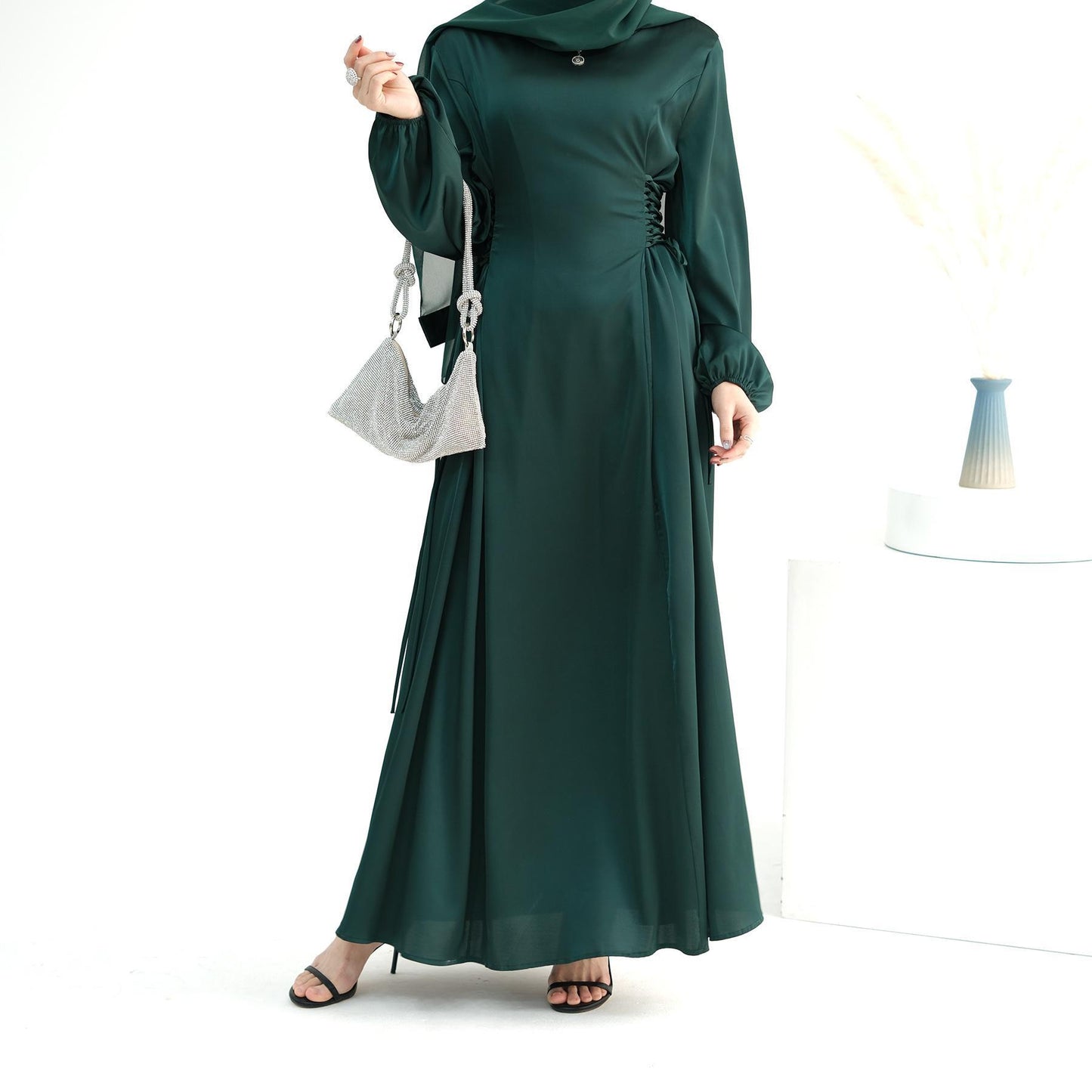 GJ-603 Abaya Solid Color High-Neck Slim-Fit Ribbon Dress