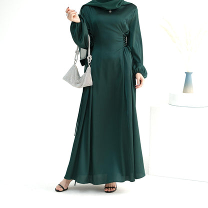 TY-603 Abaya Solid Color High-Neck Slim-Fit Ribbon Dress