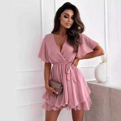 GUJI—18 Summer Sexy V-neck Cinched Waist Tie-belt Chiffon Short Skirt Ruffled Short Sleeve Women's Dress Fashion halter party casual dresses