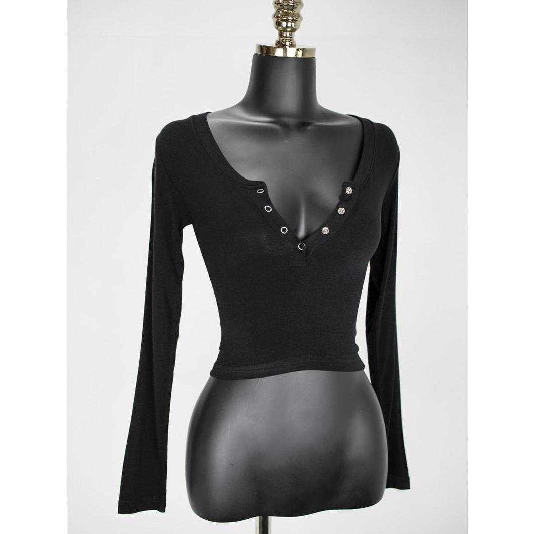 GUJI—16 Slim-Fit Bodycon Half-Open Collar Single-Breasted Long Sleeve Base Shirt, Autumn Sexy Body-Shaping V-Neck Short Top For Women Fashion