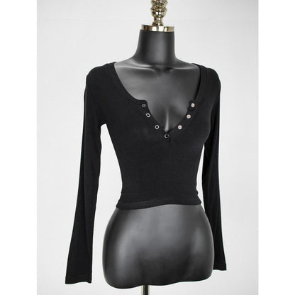 GUJI—16 Slim-Fit Bodycon Half-Open Collar Single-Breasted Long Sleeve Base Shirt, Autumn Sexy Body-Shaping V-Neck Short Top For Women Fashion