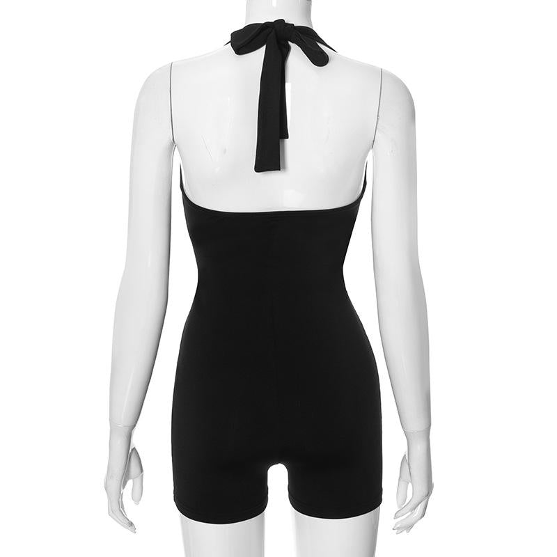 GUJI—131 Summer New Solid Color Sleeveless Halter Hollow Out Midriff-Baring Backless Sexy Romper Tank Romper Sports Br Afashion