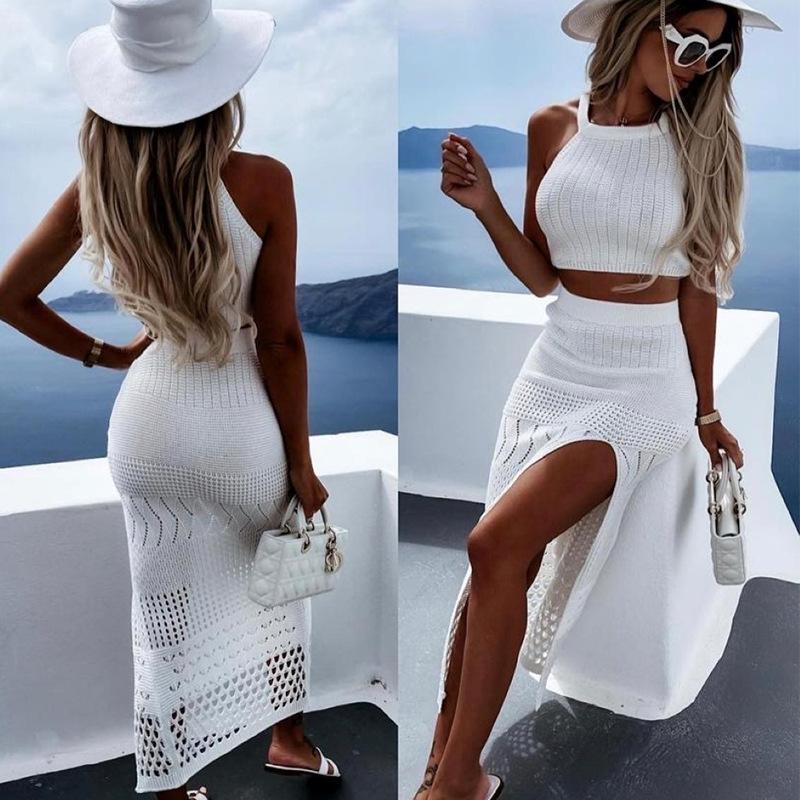 GUJI—43 New Women's Summer Two-Piece Set: Short Top With Side Slit And Bodycon Midi Skirt Fashion