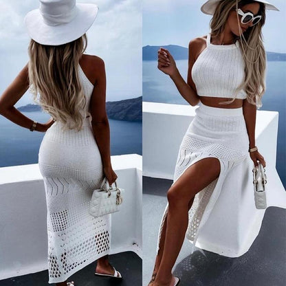 GUJI—43 New Women's Summer Two-Piece Set: Short Top With Side Slit And Bodycon Midi Skirt Fashion