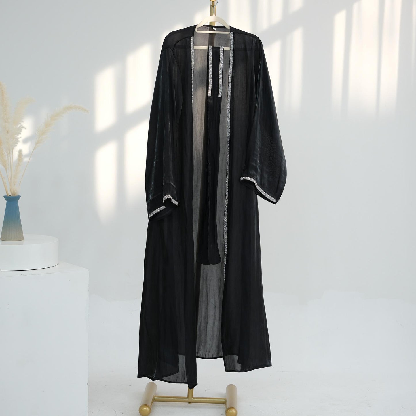 TY-617 Everyday Solid Color Trimmed Long Robe Cardigan