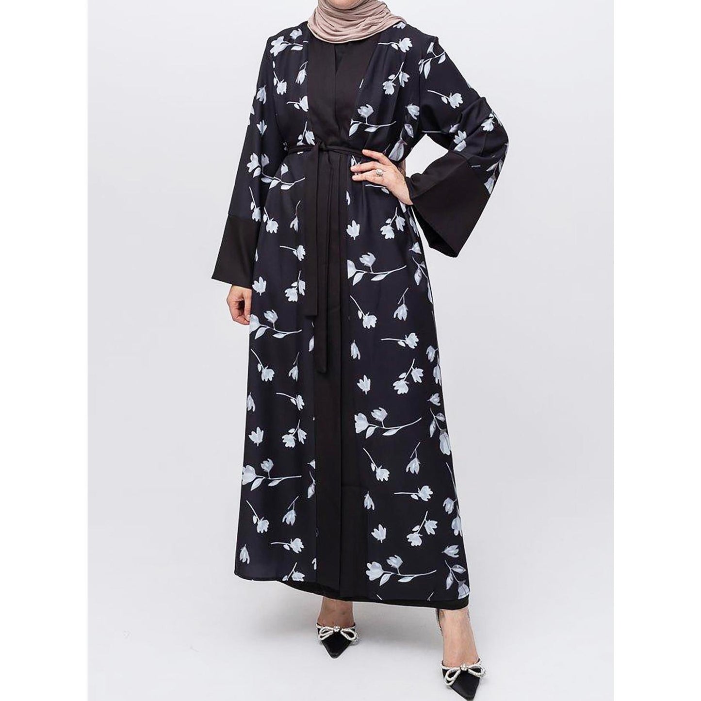 ZM-38 Open Front Long Robe Patchwork Bell Sleeve Printed Dress Fashion
