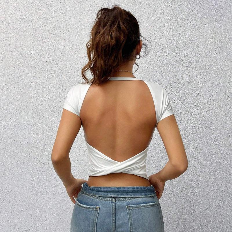GUJI—-89 Sexy Bad Girl Knit Slim Fit Crossed Twisted Backless Topfashion slim-fitting solid