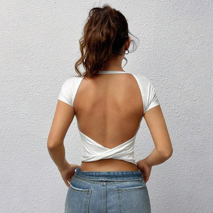GUJI—-89 Sexy Bad Girl Knit Slim Fit Crossed Twisted Backless Topfashion slim-fitting solid