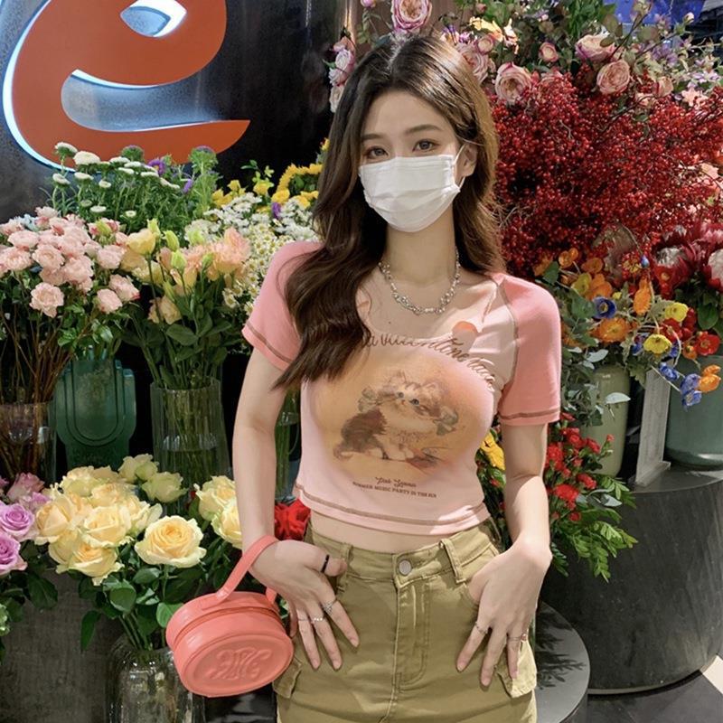 GUJI—10 Vintage Cat Short Sleeve T-Shirt For Women 2024 Summer New Slim Fit Crop Top Sweet And Spicy Blouse Fashion mitsycroptop cheap sweatshirt regular sleeve fashion