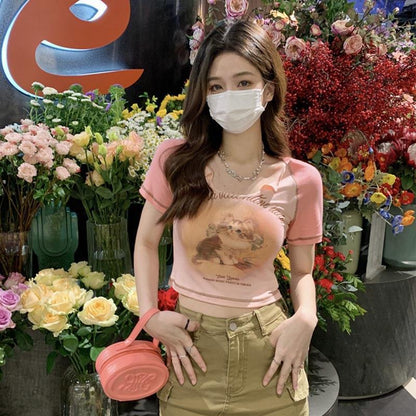 GUJI—10 Vintage Cat Short Sleeve T-Shirt For Women 2024 Summer New Slim Fit Crop Top Sweet And Spicy Blouse Fashion mitsycroptop cheap sweatshirt regular sleeve fashion
