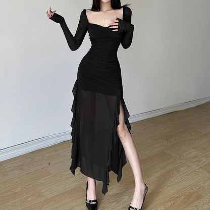 GUJI—161 New Women's Dress With Mesh Ruffle Sleeves And Square Neckline, Unique Design, Long Sleeve Dress Casual Comfort Womenswear Off Shoulder Sexy Formal Dresses Fashion