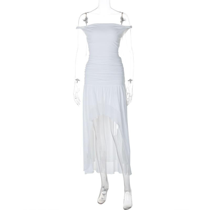 GUJI—208 2024 Summer New One-Shoulder Pleated Waist Slim Fit Dress Casual Comfort Womenswear oy s beauty