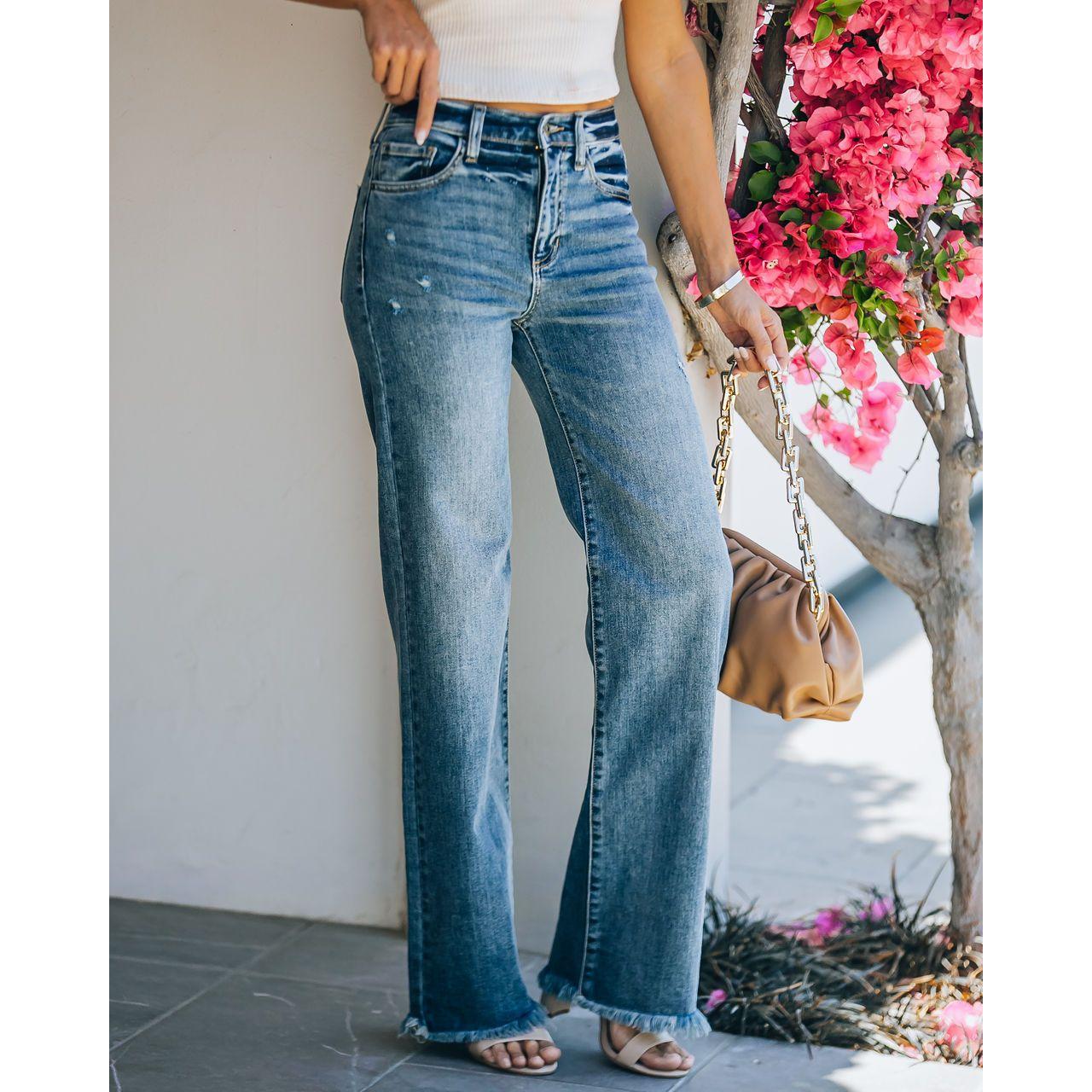 GUJI—172 Women's High-Waisted Distressed Wide-Leg Frayed Hem Jeans Distressed Denim Fashion pants trouserpants