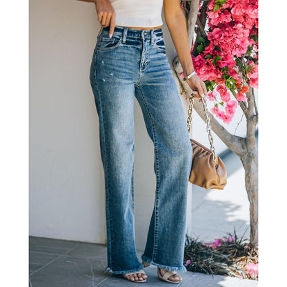 GUJI—172 Women's High-Waisted Distressed Wide-Leg Frayed Hem Jeans Distressed Denim Fashion pants trouserpants