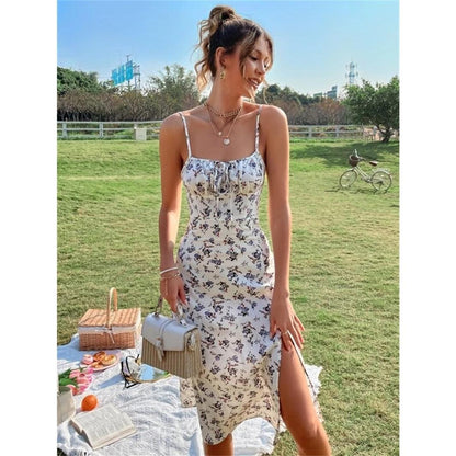 GUJI—142 Milkmaid Sundress Dress Gorgeous Floral Expression Commuter Maxi Dress Milkmaidsundressdress Casual Comfort Womenswear Soft Aestheticsfashion halter regular casual dresses