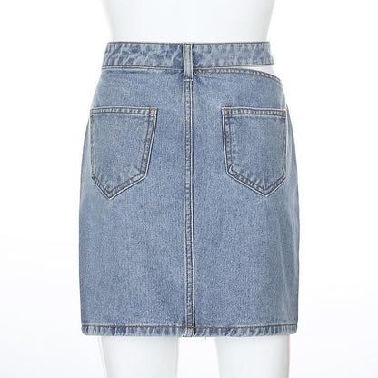 GUJI—-79 New Style Single Side Hollow Out Denim Half Skirt Cropped Denimfashion Distressed Denim Fitted Fashion Midi Skirt cropped denim wrangler jeans unisex pants