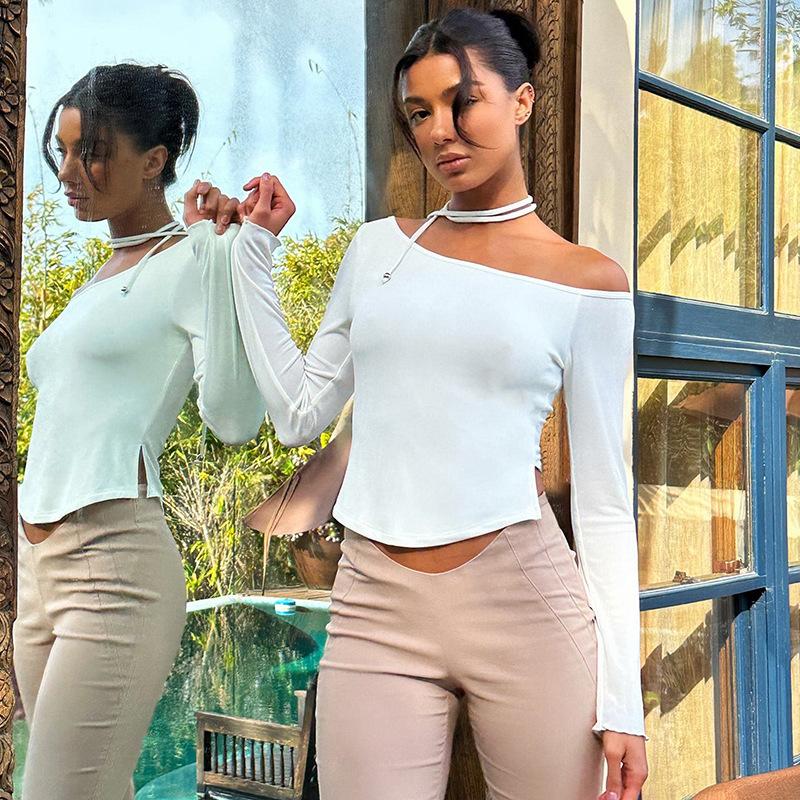 GUJI—193 Women's INS Spring New Arrival Solid Color Off-Shoulder Long Sleeve Slim Fit Fashion Solid Chic