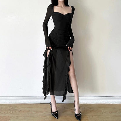 GUJI—161 New Women's Dress With Mesh Ruffle Sleeves And Square Neckline, Unique Design, Long Sleeve Dress Casual Comfort Womenswear Off Shoulder Sexy Formal Dresses Fashion