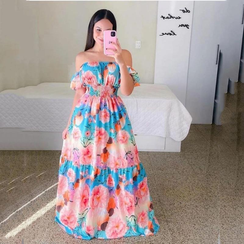 GUJI—245 Off-Shoulder Floral Maxi Dress vestido basic spaghettistrap dress
