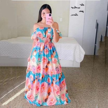 GUJI—245 Off-Shoulder Floral Maxi Dress vestido basic spaghettistrap dress