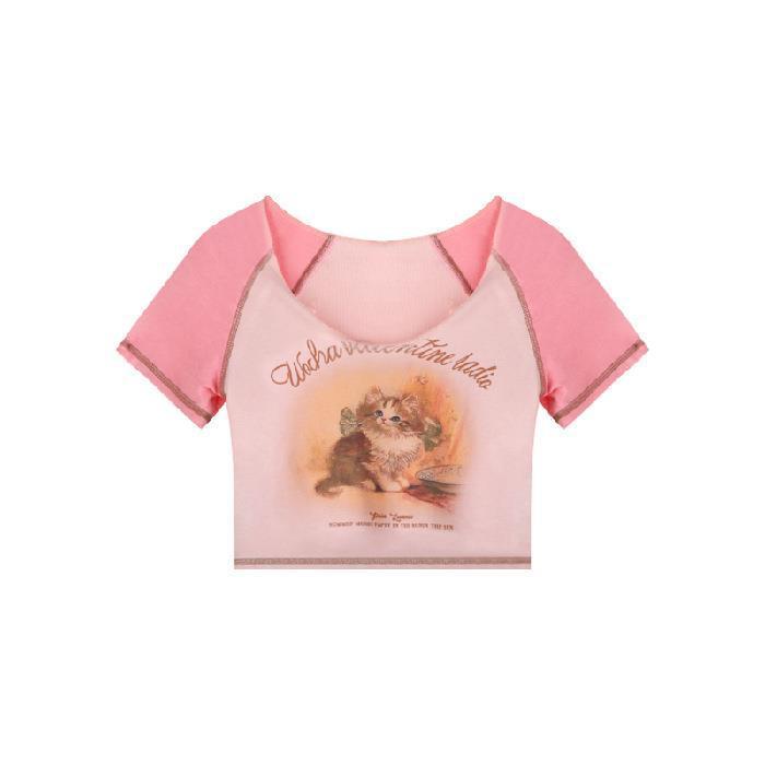 GUJI—10 Vintage Cat Short Sleeve T-Shirt For Women 2024 Summer New Slim Fit Crop Top Sweet And Spicy Blouse Fashion mitsycroptop cheap sweatshirt regular sleeve fashion