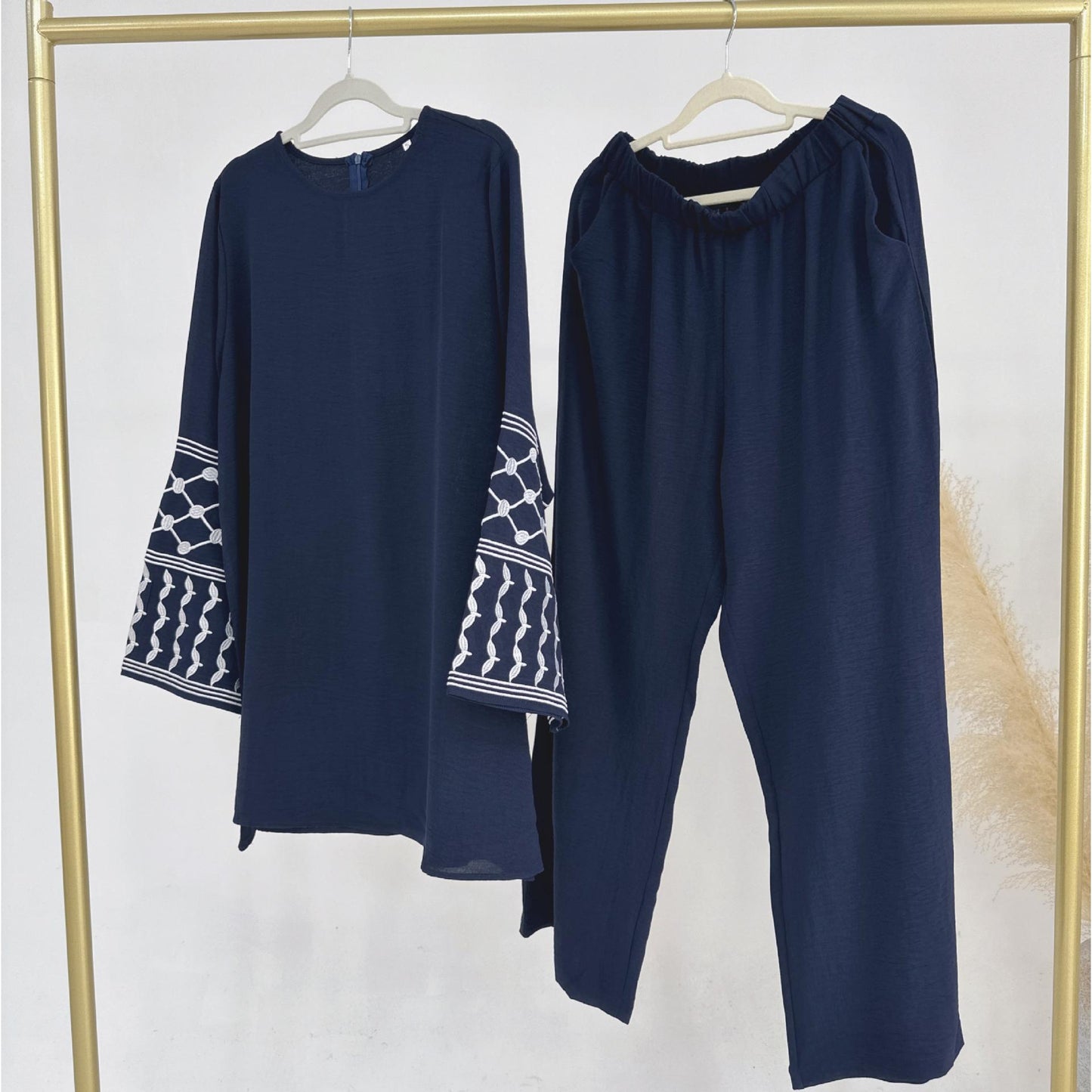 TY-613 Embroidered Top With Wide-Leg Pants Two-Piece Set