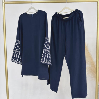 TY-613 Embroidered Top With Wide-Leg Pants Two-Piece Set