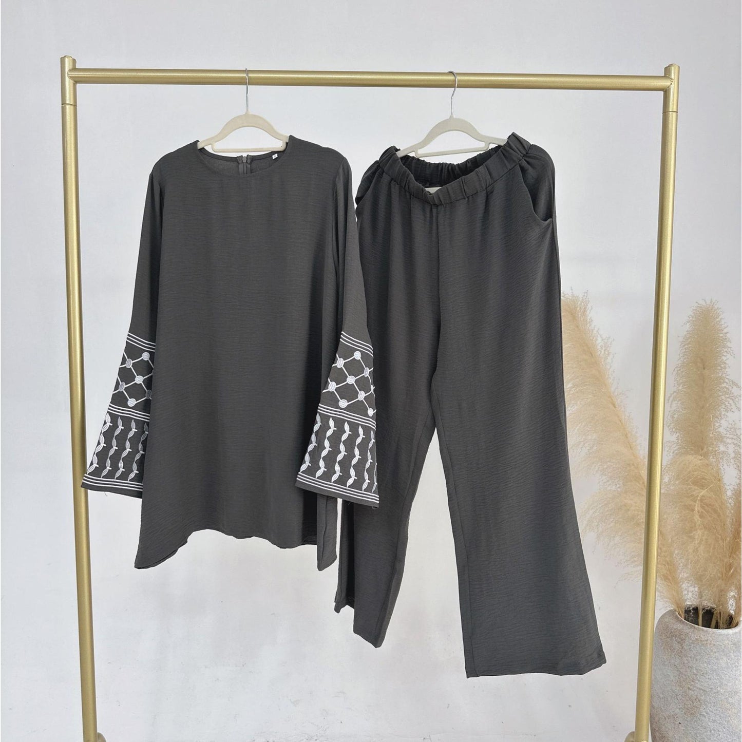 TY-613 Embroidered Top With Wide-Leg Pants Two-Piece Set