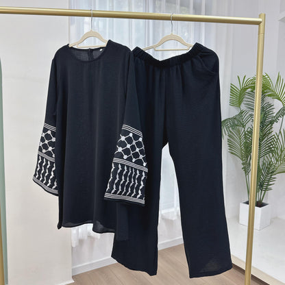 TY-613 Embroidered Top With Wide-Leg Pants Two-Piece Set
