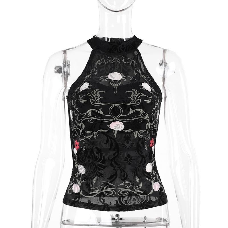 GUJI—170 Chinese Style Printed Velvet Lace Halter Top For Women Fashion Top Fashion slim-fitting fashion halter solid