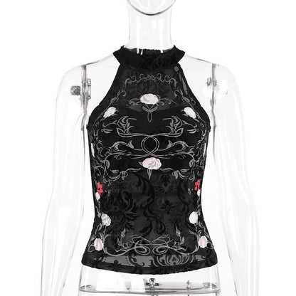 GUJI—170 Chinese Style Printed Velvet Lace Halter Top For Women Fashion Top Fashion slim-fitting fashion halter solid