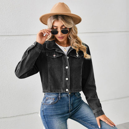 GUJI—-95 Denim Short Jacket For Women, Long Sleevefashion white tanktop plain minimalist denim jacke