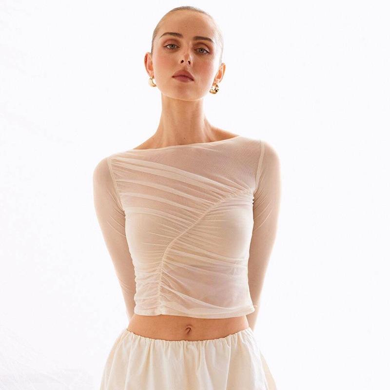 GUJI—379 Solid Color Mesh Slim-Fit Top